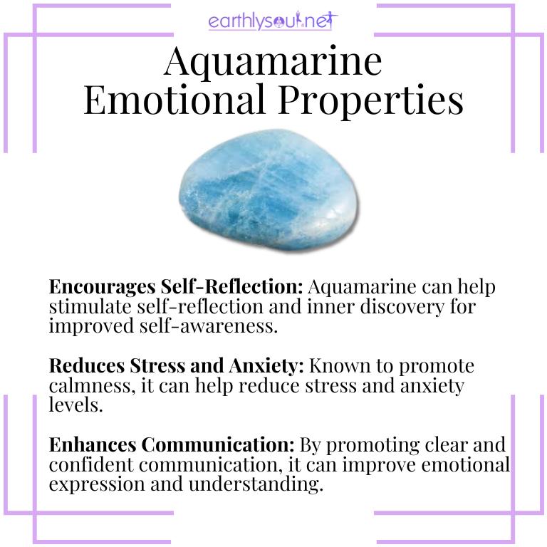 Aquamarine crystals illustrating mental and emotional healing properties: encouraging self-reflection, reducing stress and anxiety, and enhancing communication