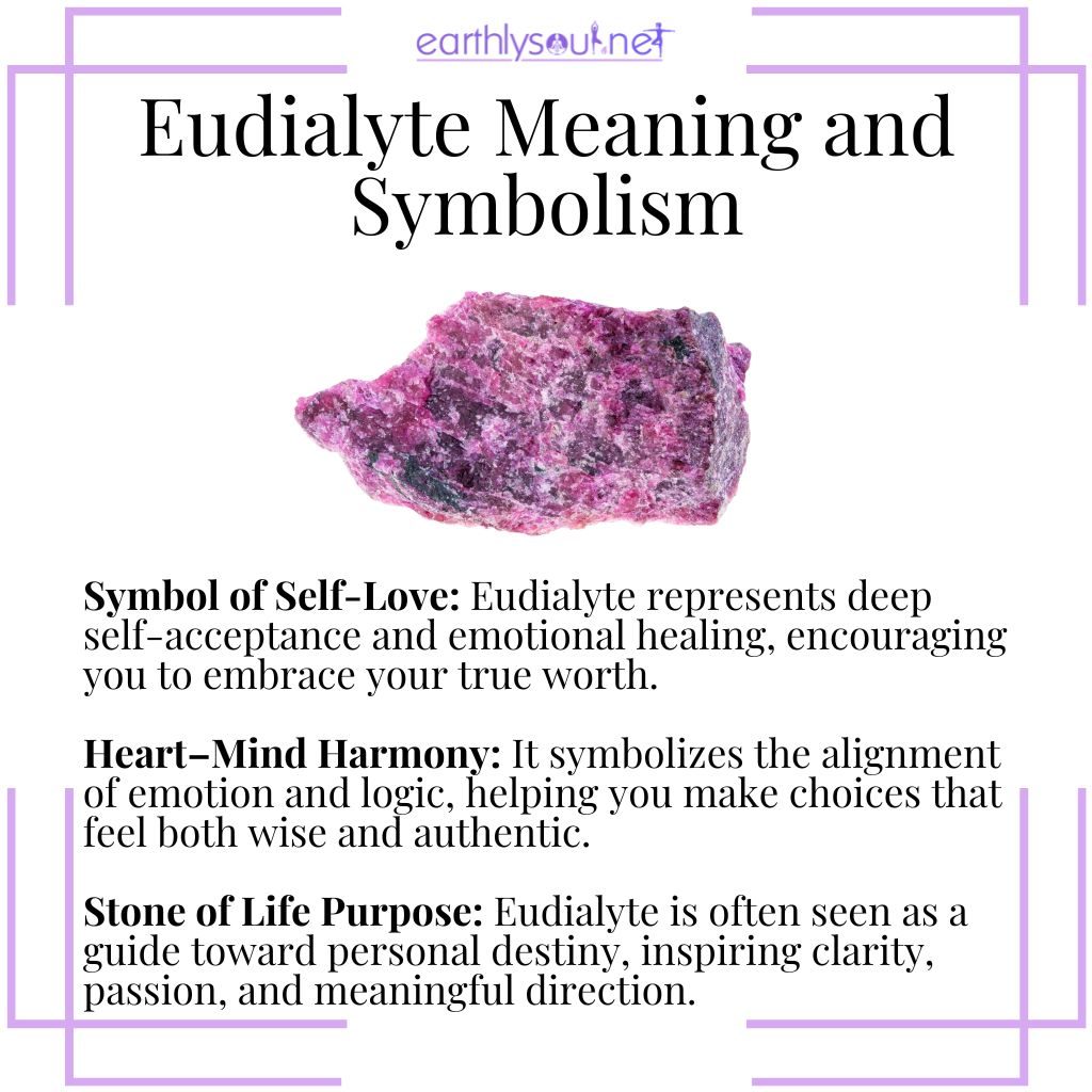 Eudialyte meaning and symbolism, a crystal of self-love, emotional healing, and life-purpose clarity that balances the heart and mind.