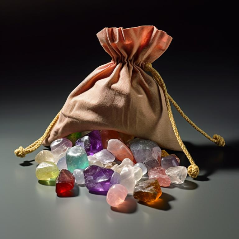 Fabric pouch with tumbled stones including clear quartz, rose quartz, amethyst, citrine, and selenite