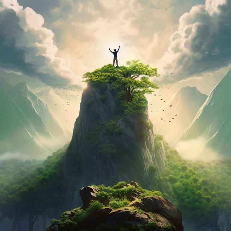 Person standing triumphant on mountain peak with flourishing tree symbolizing prosperity and personal fulfillment