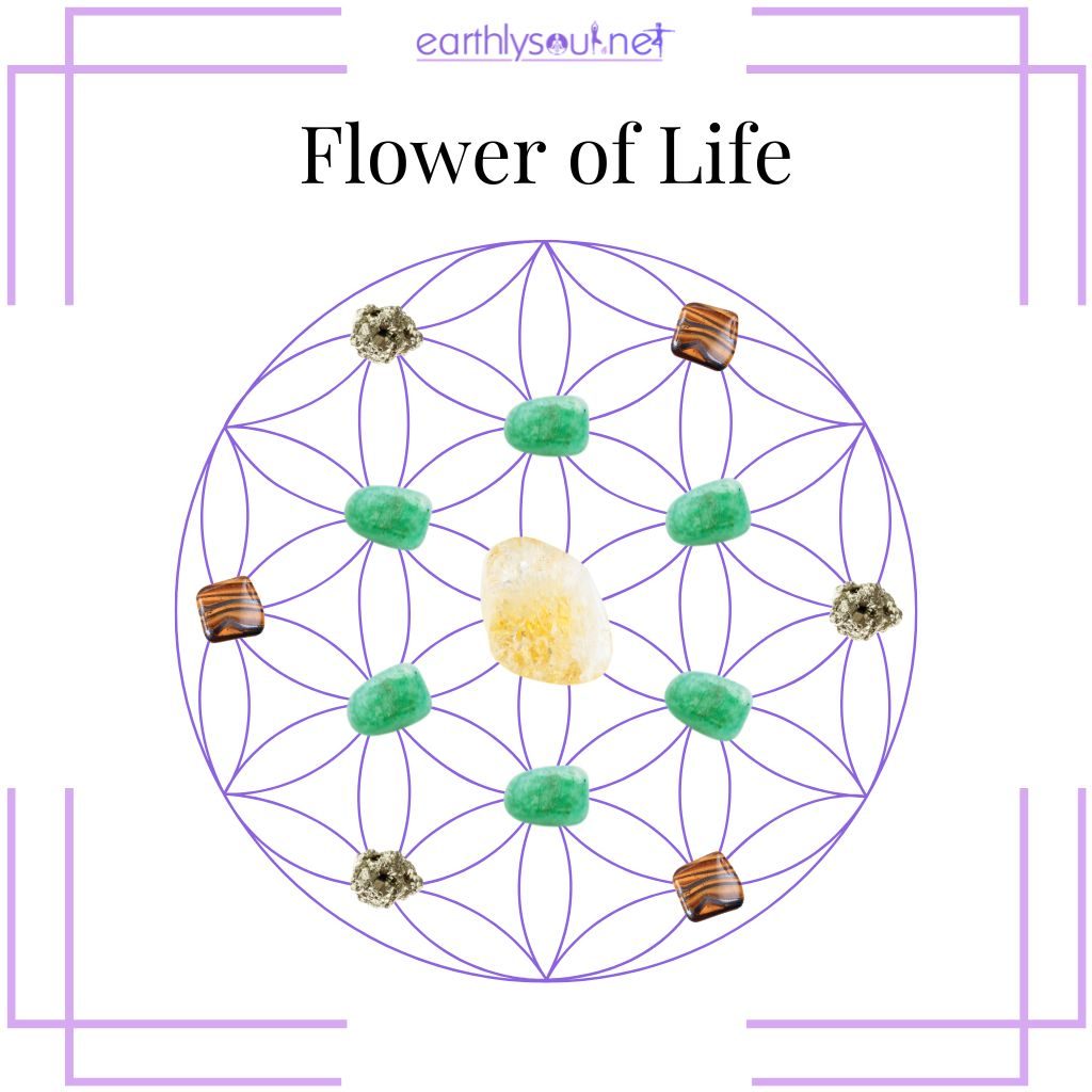 The flower of life sacred geometry crystal pattern, symbolizing creation, unity, and the interconnectedness of all life.