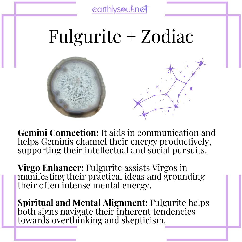 Fulgurite strengthens gemini's communication and virgo's practicality while enhancing spiritual and mental alignment.