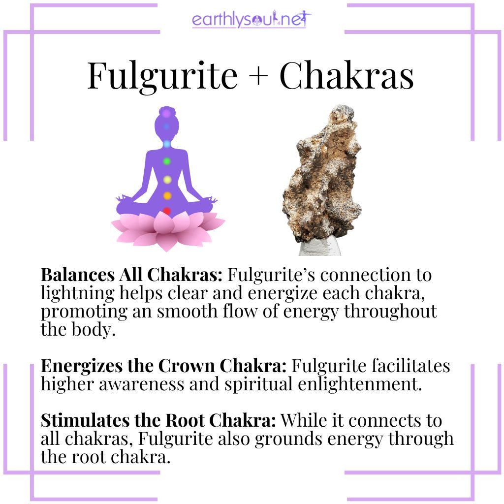 Fulgurite balances all chakras, energizes the crown, and grounds through the root chakra.