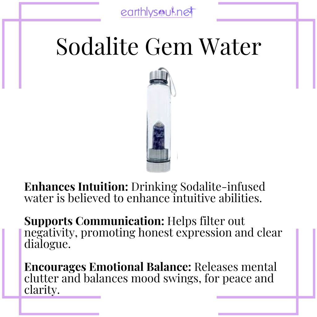 Sodalite gem water for enhancing intuition, supporting communication, and encouraging emotional balance.