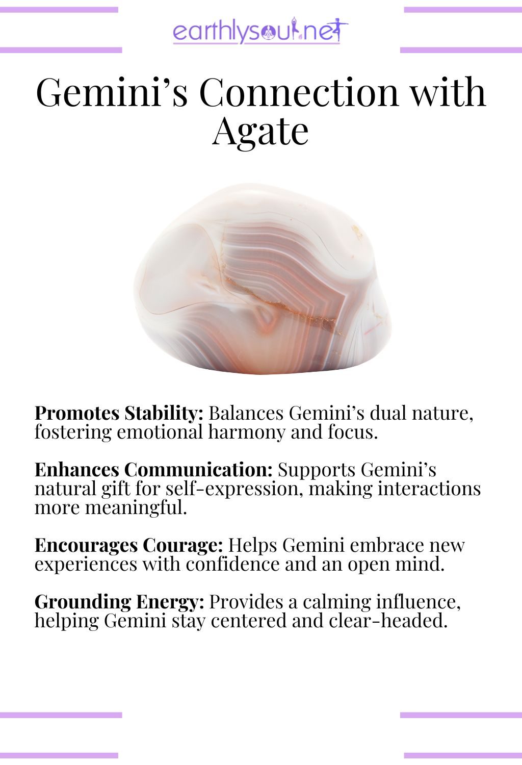 Agate crystal, promoting stability and enhancing communication, ideal for gemini zodiac signs.
