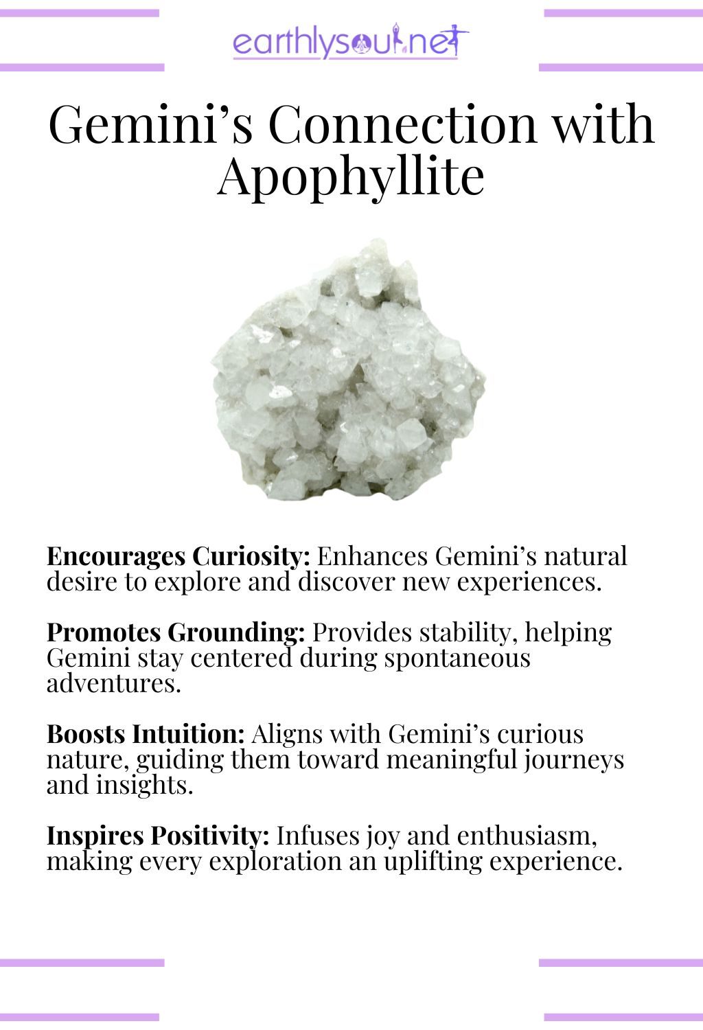 Apophyllite crystal, encouraging curiosity and providing grounding energy, ideal for adventurous gemini zodiac signs.