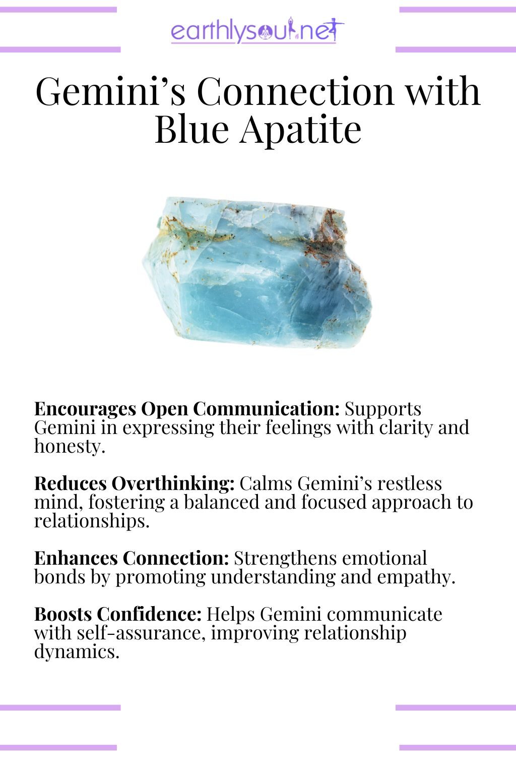 Blue apatite crystal, encouraging open communication and reducing overthinking, ideal for gemini zodiac signs in relationships.