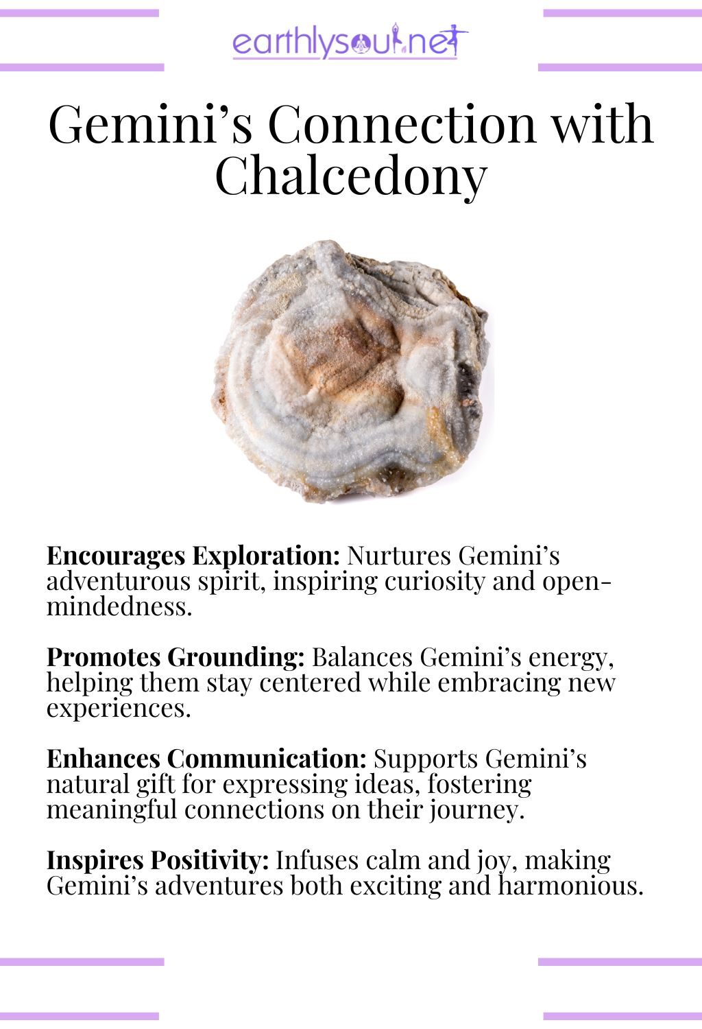 Chalcedony crystal, encouraging exploration and promoting grounding, ideal for adventurous gemini zodiac signs.