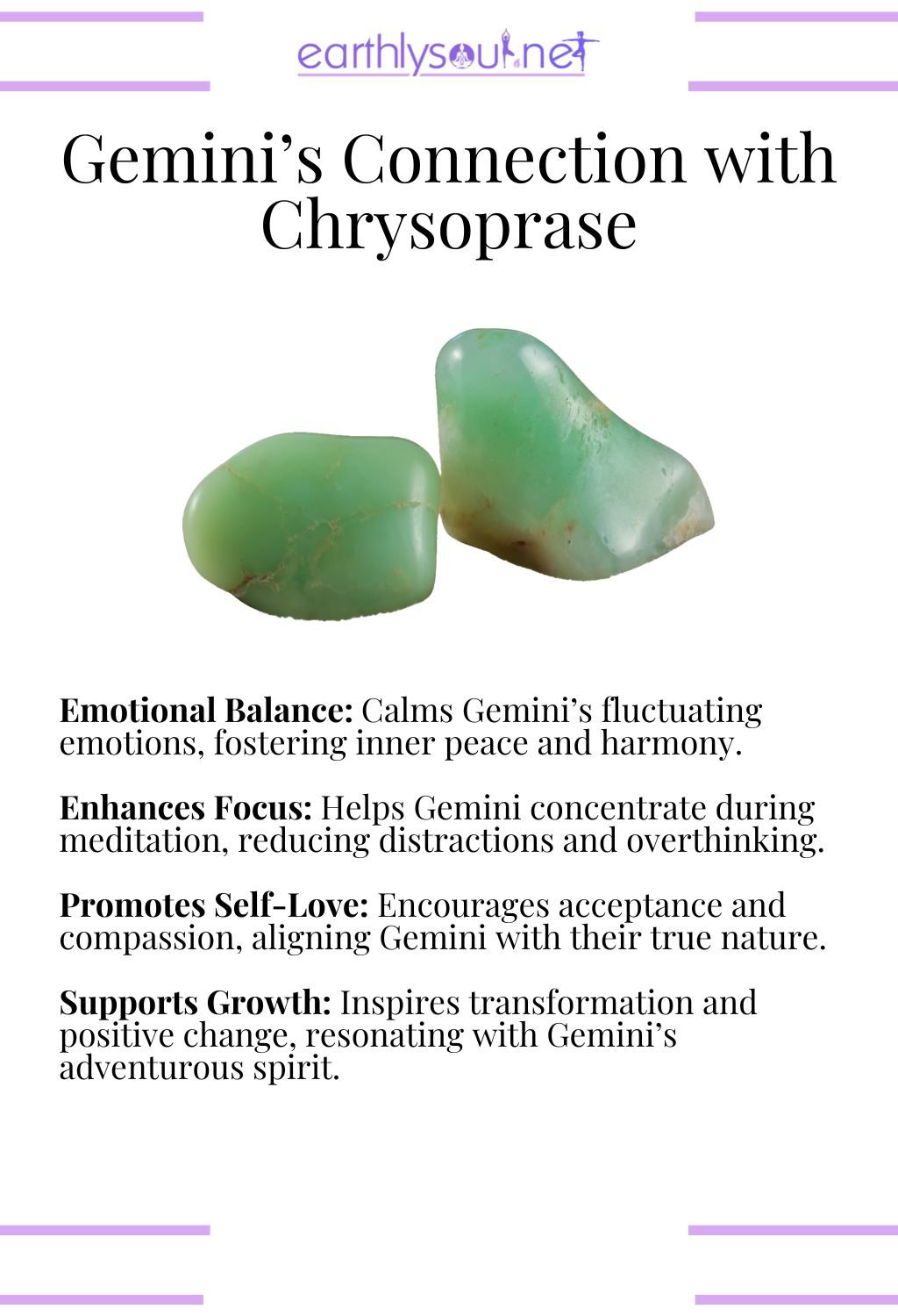 Chrysoprase crystal, promoting emotional balance and self-love, ideal for gemini meditation.