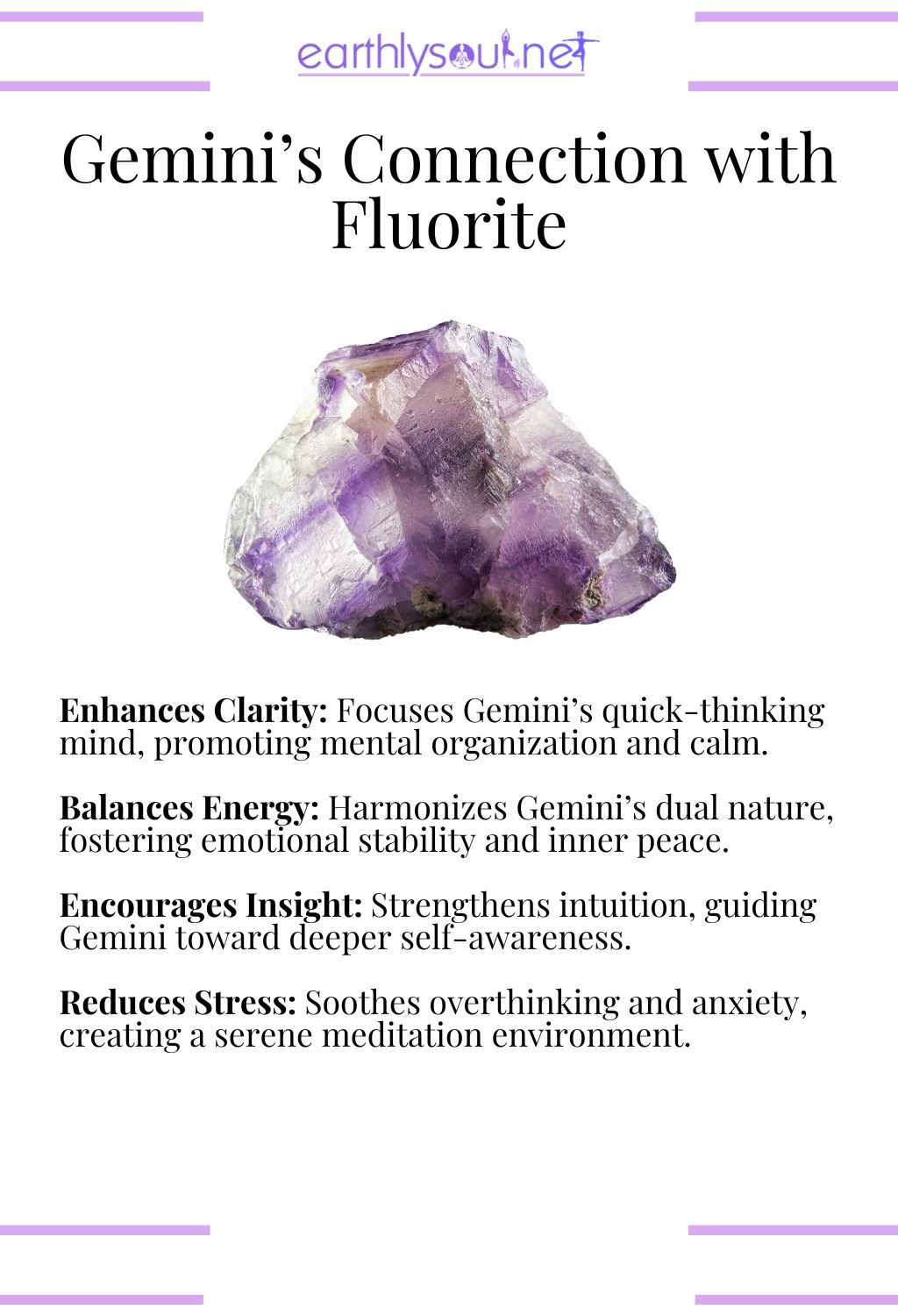 Fluorite crystal, enhancing clarity and balancing energy, perfect for gemini meditation.