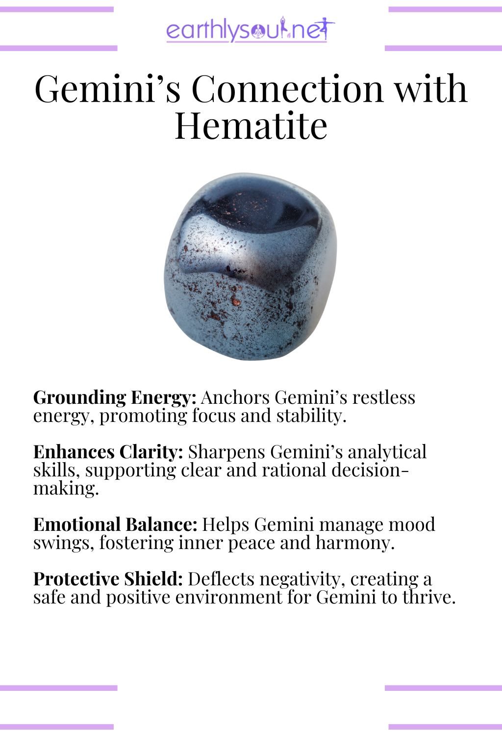 Hematite crystal, grounding energy and enhancing clarity, perfect for gemini zodiac signs.