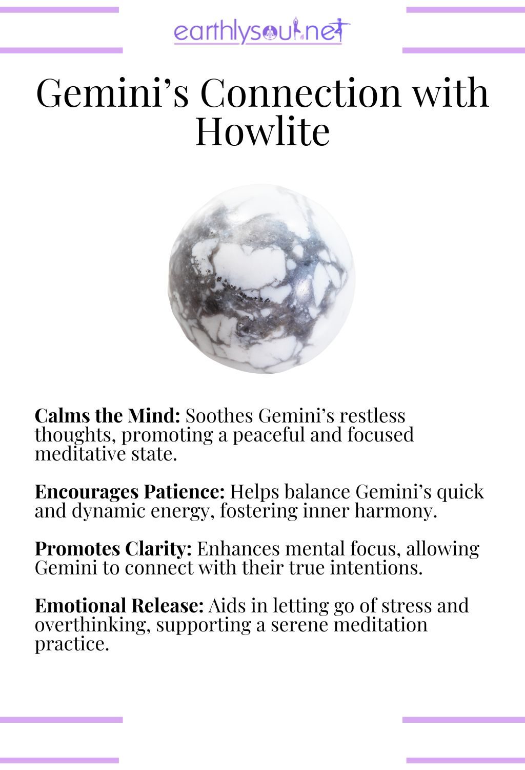 Howlite crystal, calming the mind and promoting clarity, ideal for gemini meditation.