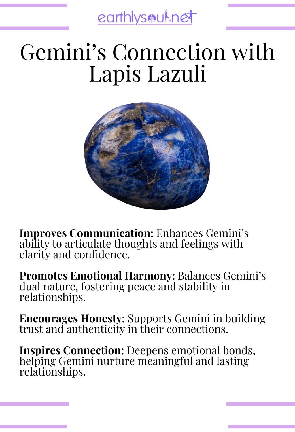 Lapis lazuli crystal, improving communication and promoting emotional harmony, perfect for gemini zodiac signs in relationships.