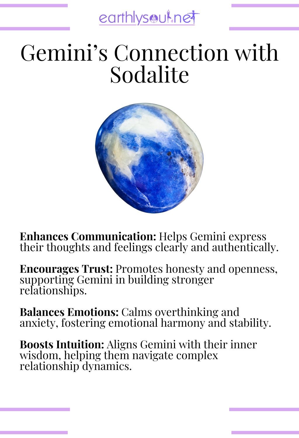 Sodalite crystal, enhancing communication and balancing emotions, perfect for gemini zodiac signs in relationships.