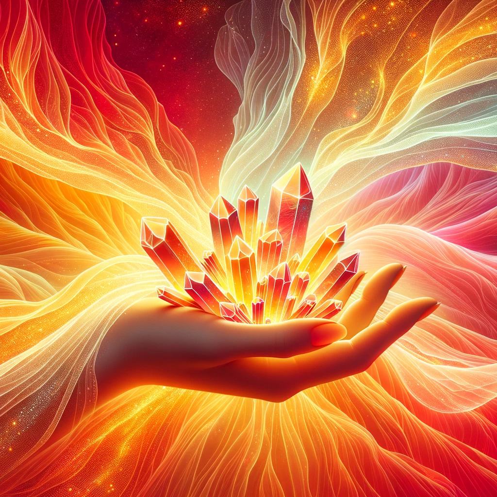 Graphic of handing holding orange crystals