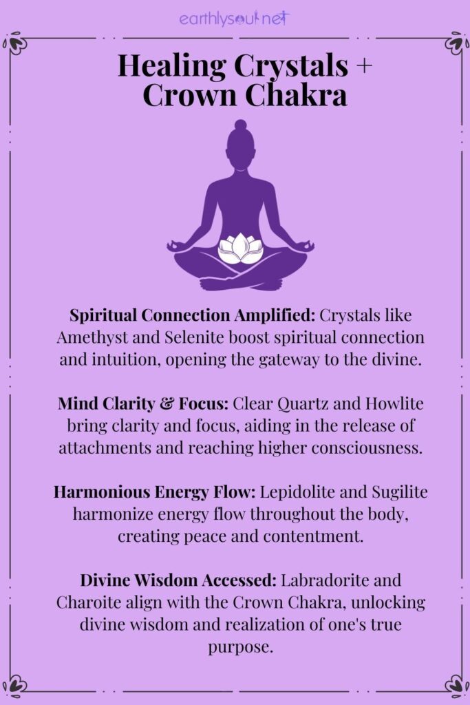 Crown chakra crystals like clear quartz and amethyst, boosting spiritual connection and harmonizing energy flow