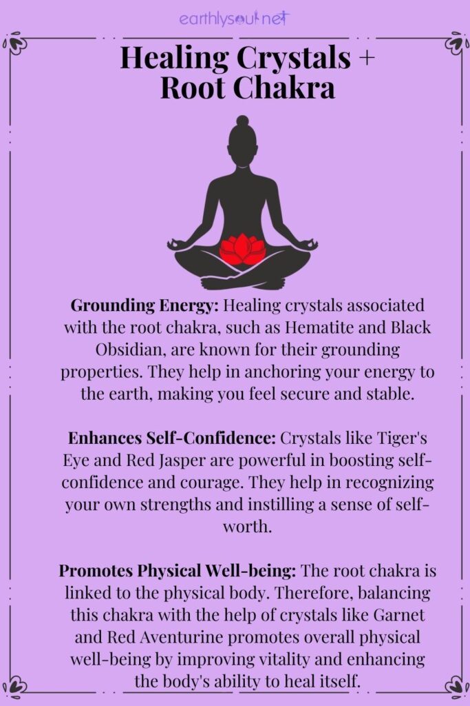 Root chakra symbol and body placement showcasing benefits like grounding energy enhancing self-confidence and promoting physical well-being