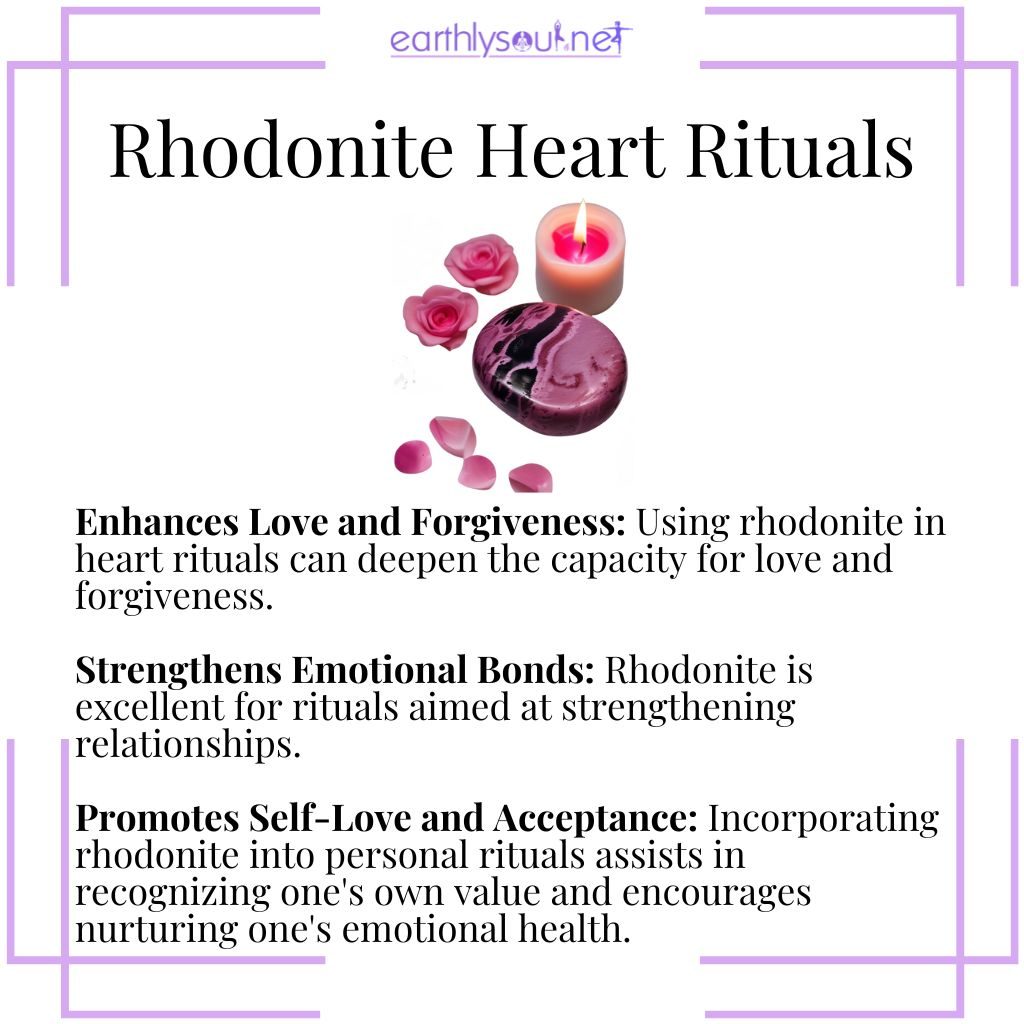 Rhodonite in heart rituals enhances love, strengthens emotional bonds, and promotes self-love and acceptance.