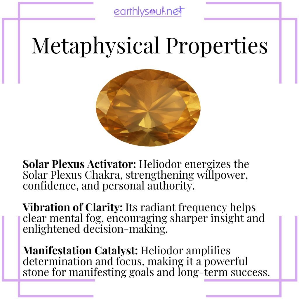 Metaphysical properties of heliodor – a golden crystal that activates the solar plexus, boosts clarity, and enhances manifestation power.