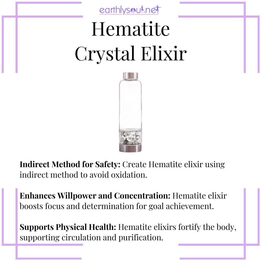 Hematite elixir created using indirect method for enhancing willpower, concentration, and supporting physical health