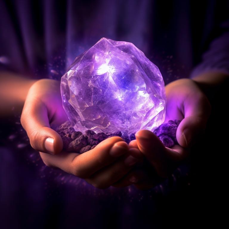 Digital art of hand grasping amethyst crystal with light shining out from it