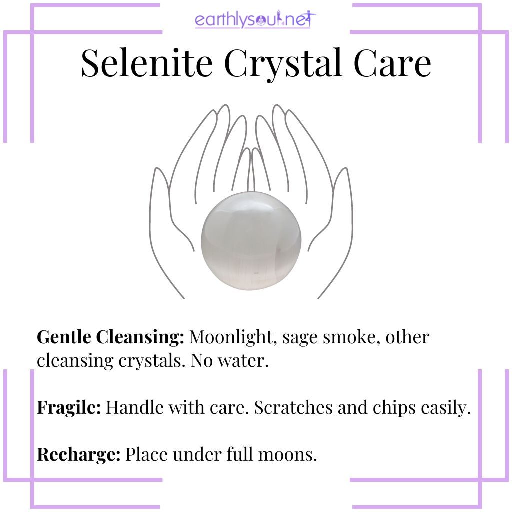Selenite crystal care tips: gentle cleansing, soft handling, and moonlight charging for enhanced energy