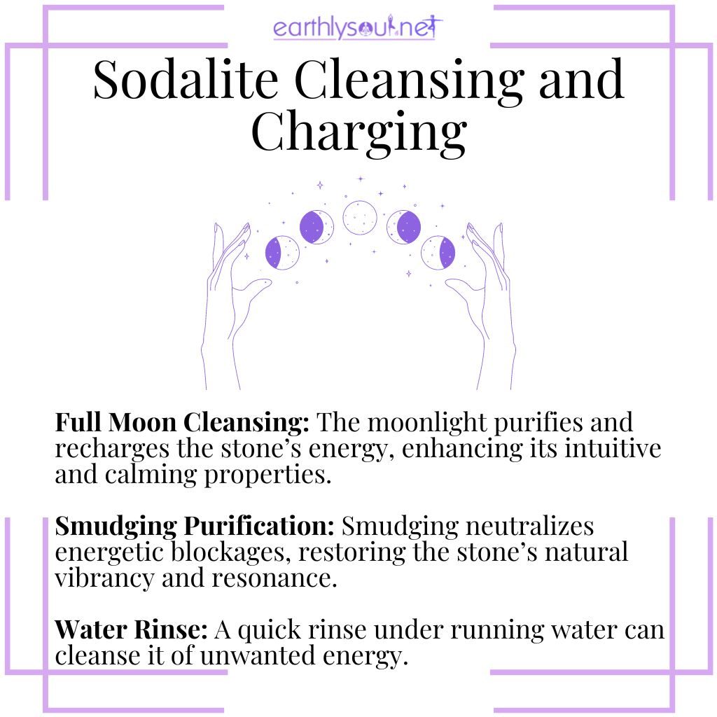 Sodalite cleansing and charging with full moonlight, smudging, and water rinse methods.