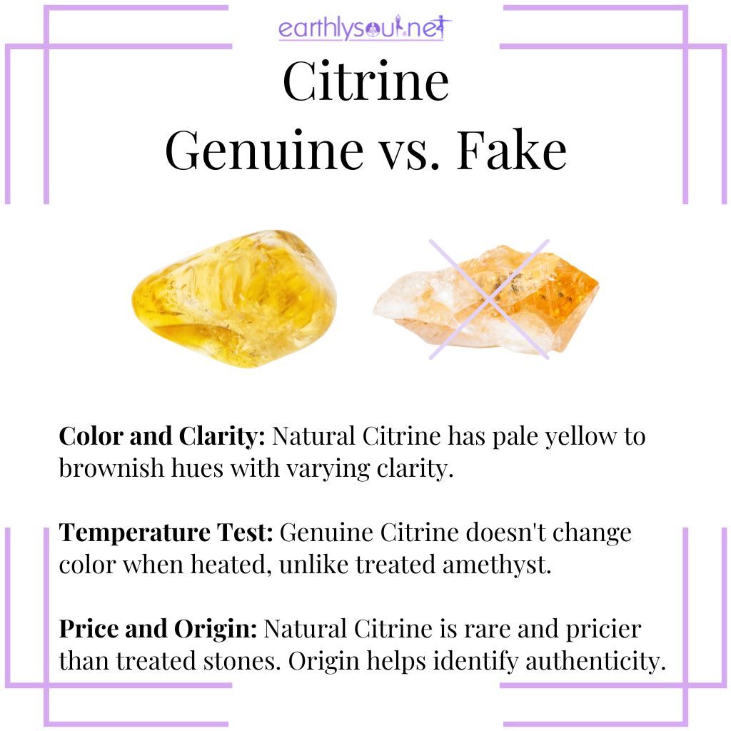 Identifying genuine Citrine by color clarity, stability under heat, and considering price and origin
