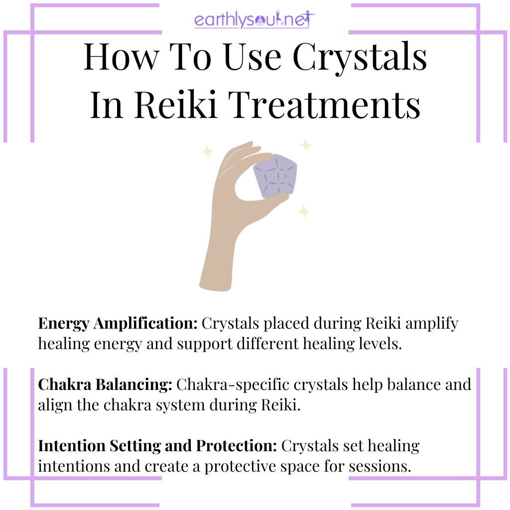 Using crystals in Reiki for energy amplification, chakra balancing, and setting healing intentions
