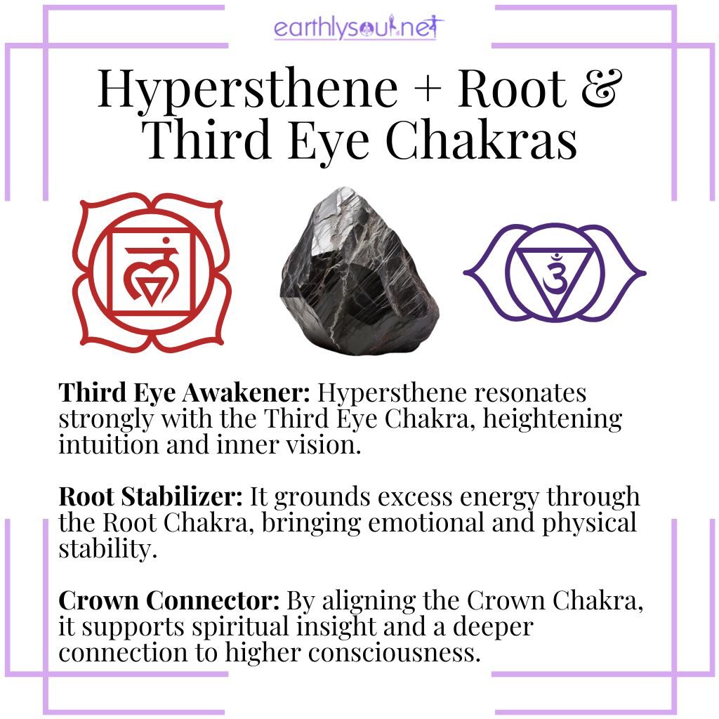 Hypersthene connects the third eye, crown, and root chakras to enhance intuition, stability, and spiritual awareness.