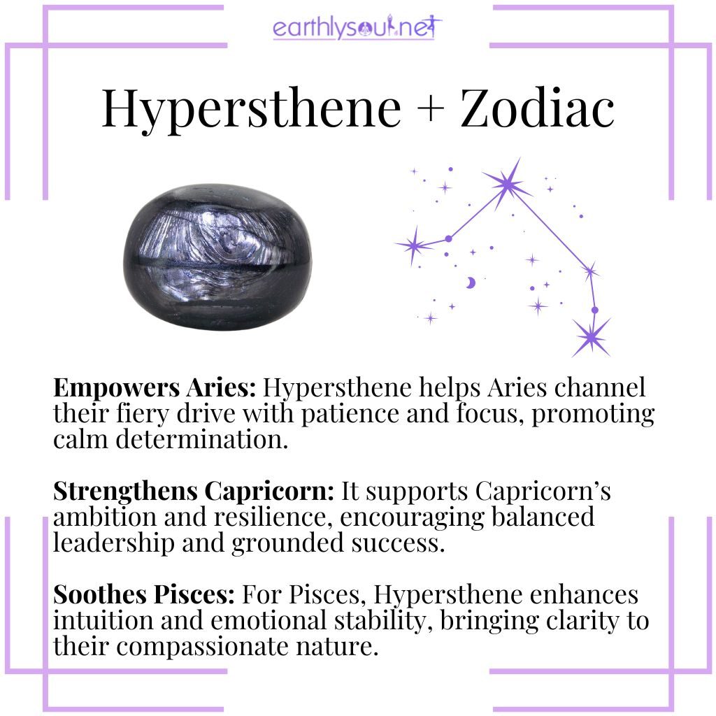 Hypersthene zodiac associations empowers aries, strengthens capricorn, and soothes pisces with balance and clarity.