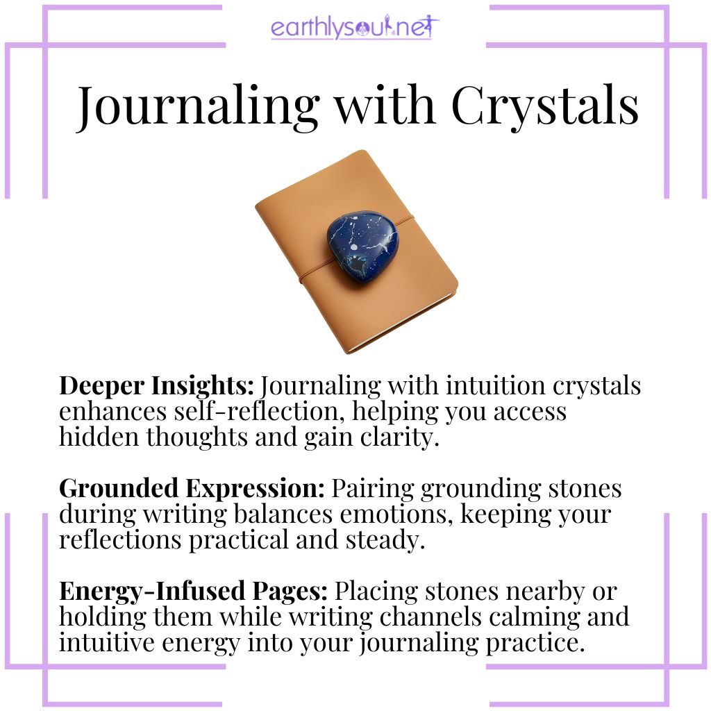Journaling with intuition crystals and grounding stones to enhance self-reflection, emotional balance, and spiritual clarity
