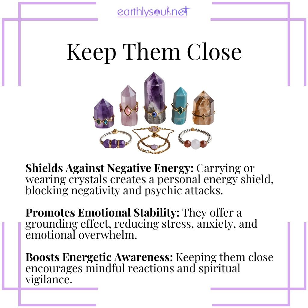 Protection crystals carried close to the body for energy shielding, emotional grounding, and heightened awareness.