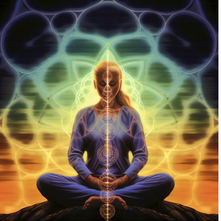 An image of a woman with chakra points representing kundalini energy