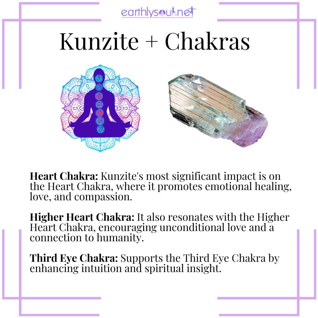 Heart chakra: kunzite's most significant impact is on the heart chakra, where it promotes emotional healing, love, and compassion. Higher heart chakra: it also resonates with the higher heart chakra, encouraging unconditional love and a connection to humanity. Third eye chakra: supports the third eye chakra by enhancing intuition and spiritual insight.