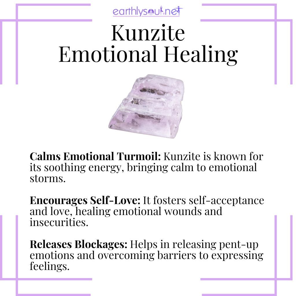 Kunzite for emotional healing, soothing turmoil, fostering self-love, and releasing emotional blockages