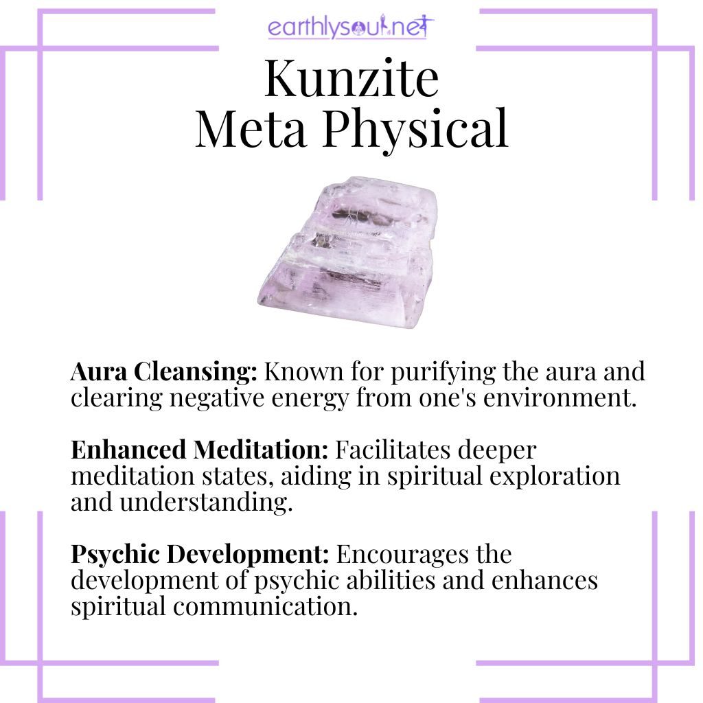 Kunzites metaphysical properties with aura cleansing, enhanced meditation, and psychic development