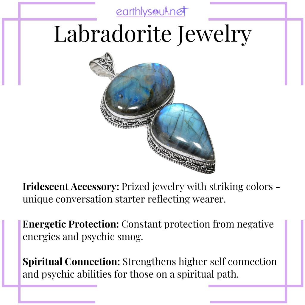 Labradorite jewelry showcasing unique iridescence, providing energetic protection, and enhancing spiritual connection