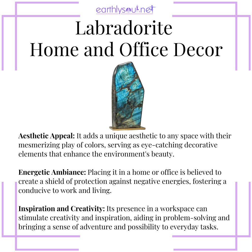 Labradorite décor enhancing aesthetic appeal, creating a positive energetic ambiance, and inspiring creativity