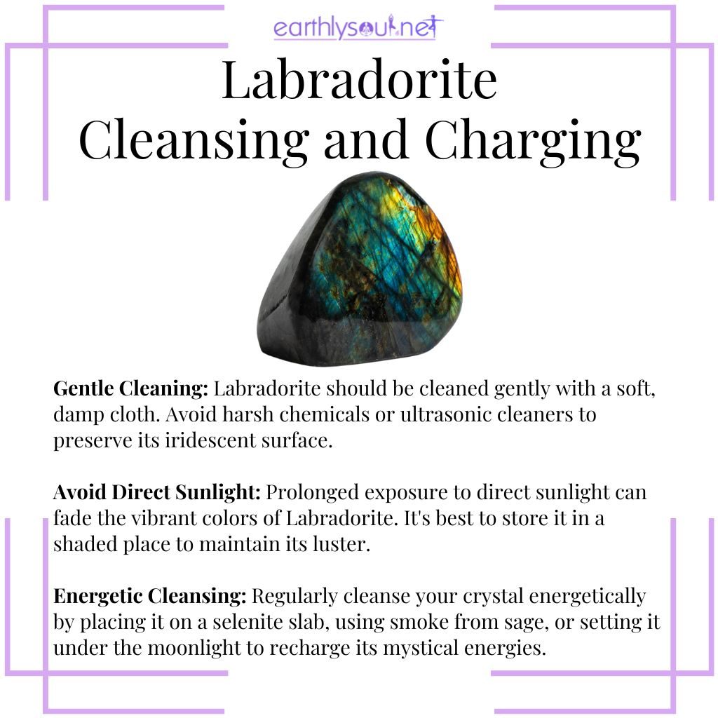 Labradorite care tips: gentle cleaning, storing away from sunlight, and energetic cleansing methods