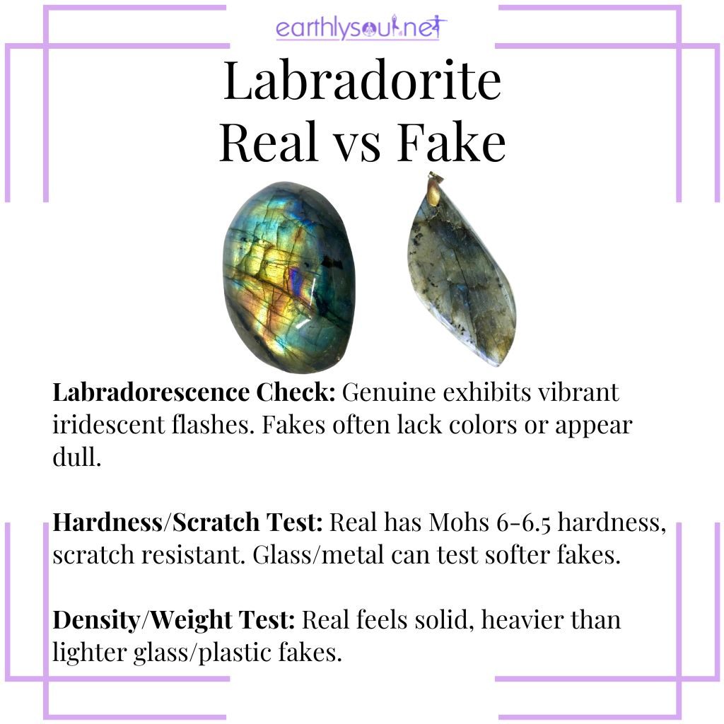 Identifying real Labradorite by checking for labradorescence, conducting a scratch test, and assessing its density and weight