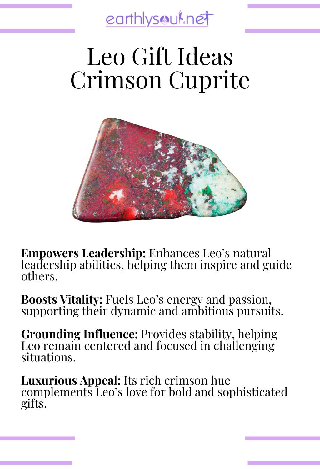Crimson cuprite crystal, empowering leadership and boosting vitality, ideal as a gift for leo zodiac signs.
