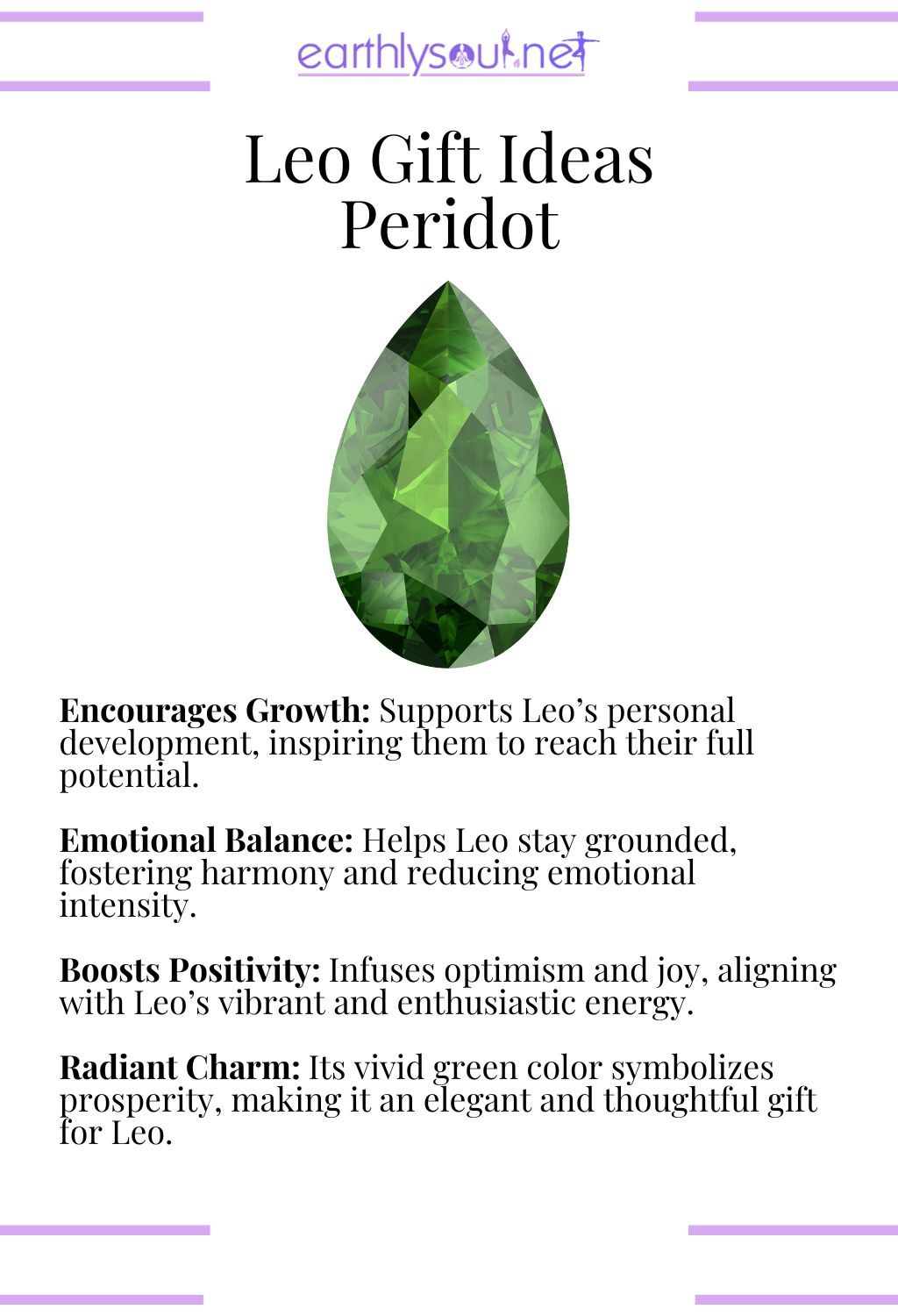 Peridot crystal, encouraging growth and emotional balance, ideal as a gift for leo zodiac signs.