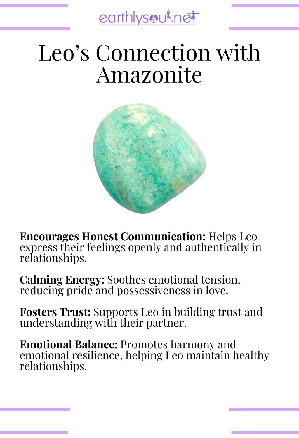 Amazonite crystal, encouraging honest communication and emotional balance, ideal for leo zodiac signs in relationships.