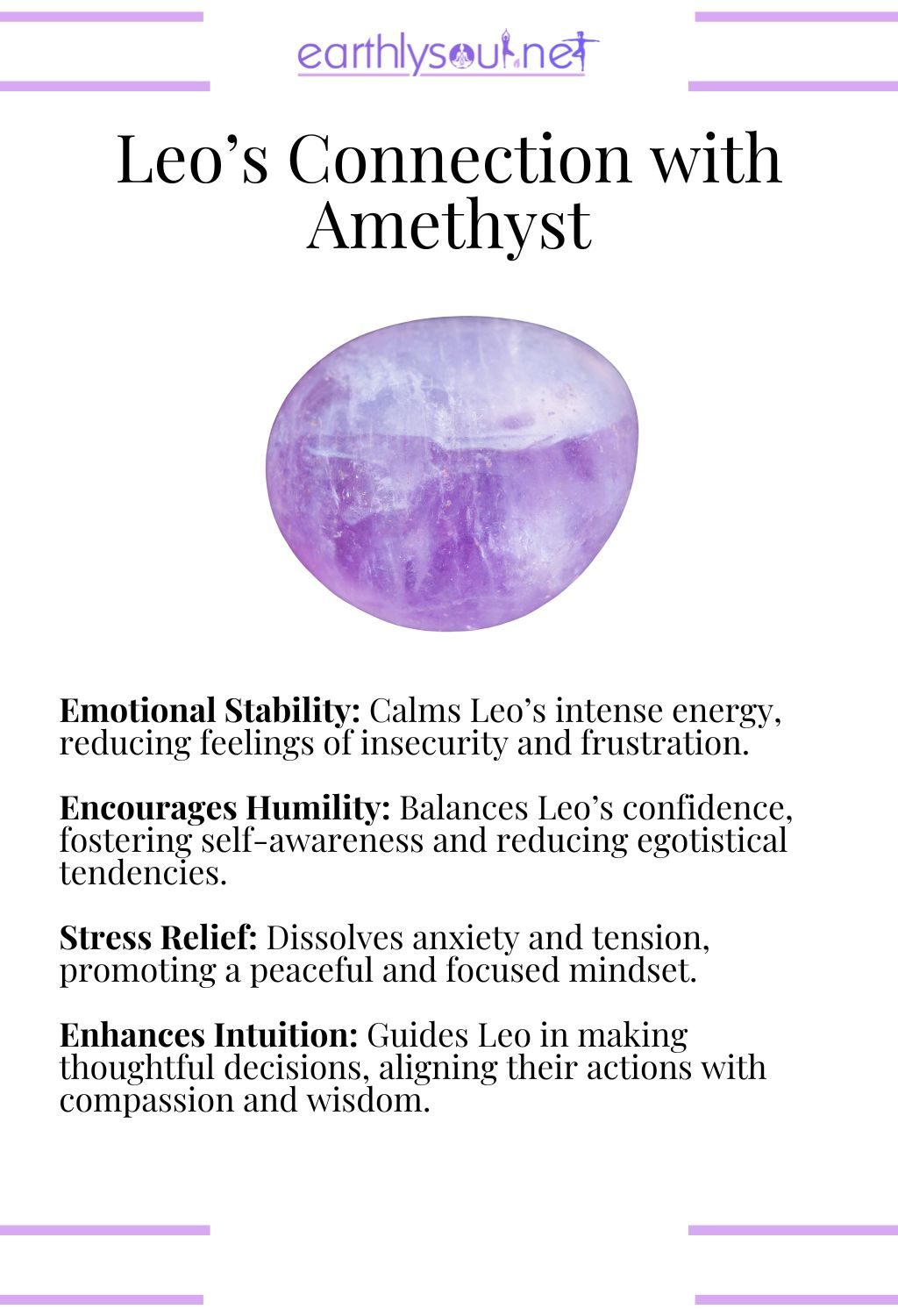 Amethyst crystal, fostering emotional stability and reducing stress, ideal for leo zodiac signs.