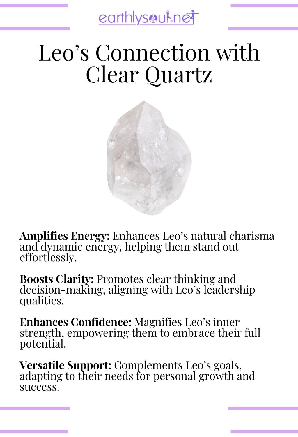 Clear quartz crystal, amplifying energy and boosting clarity, perfect for leo zodiac signs.