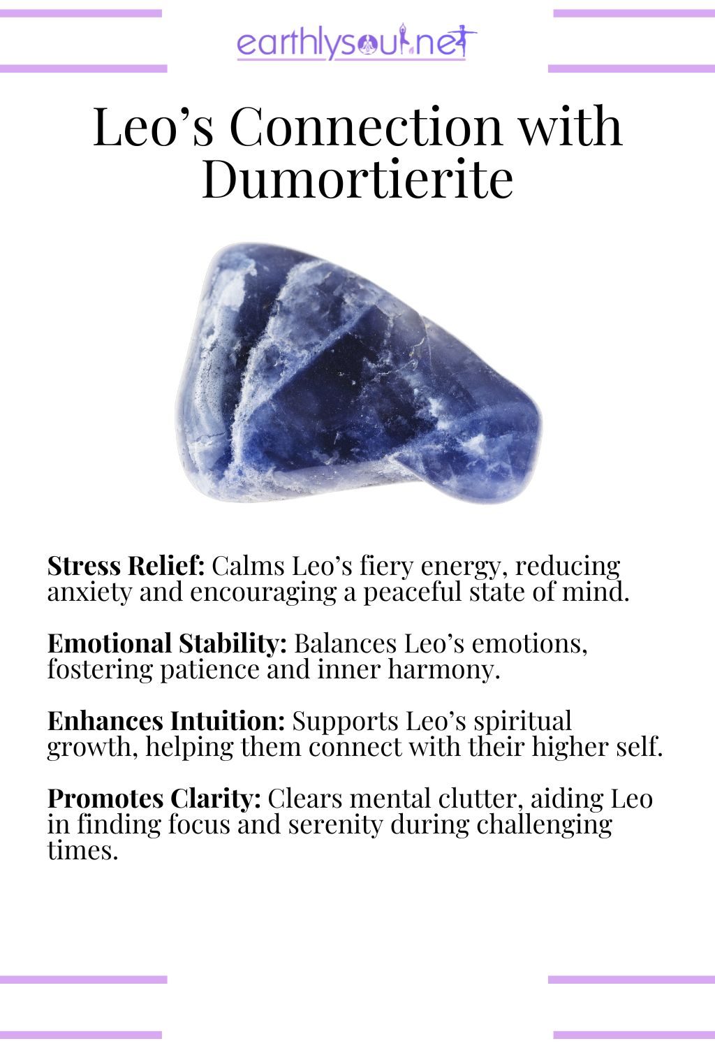 Dumortierite crystal, promoting stress relief and emotional stability, perfect for leo zodiac signs.