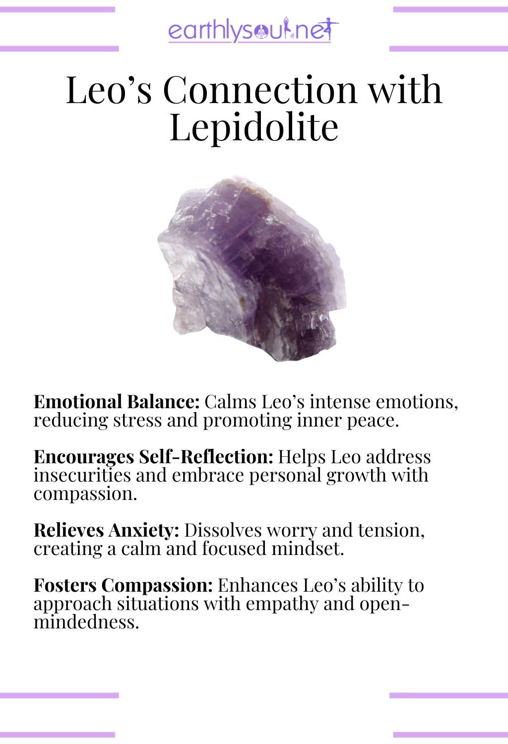 Lepidolite crystal, promoting emotional balance and self-reflection, ideal for leo zodiac signs.