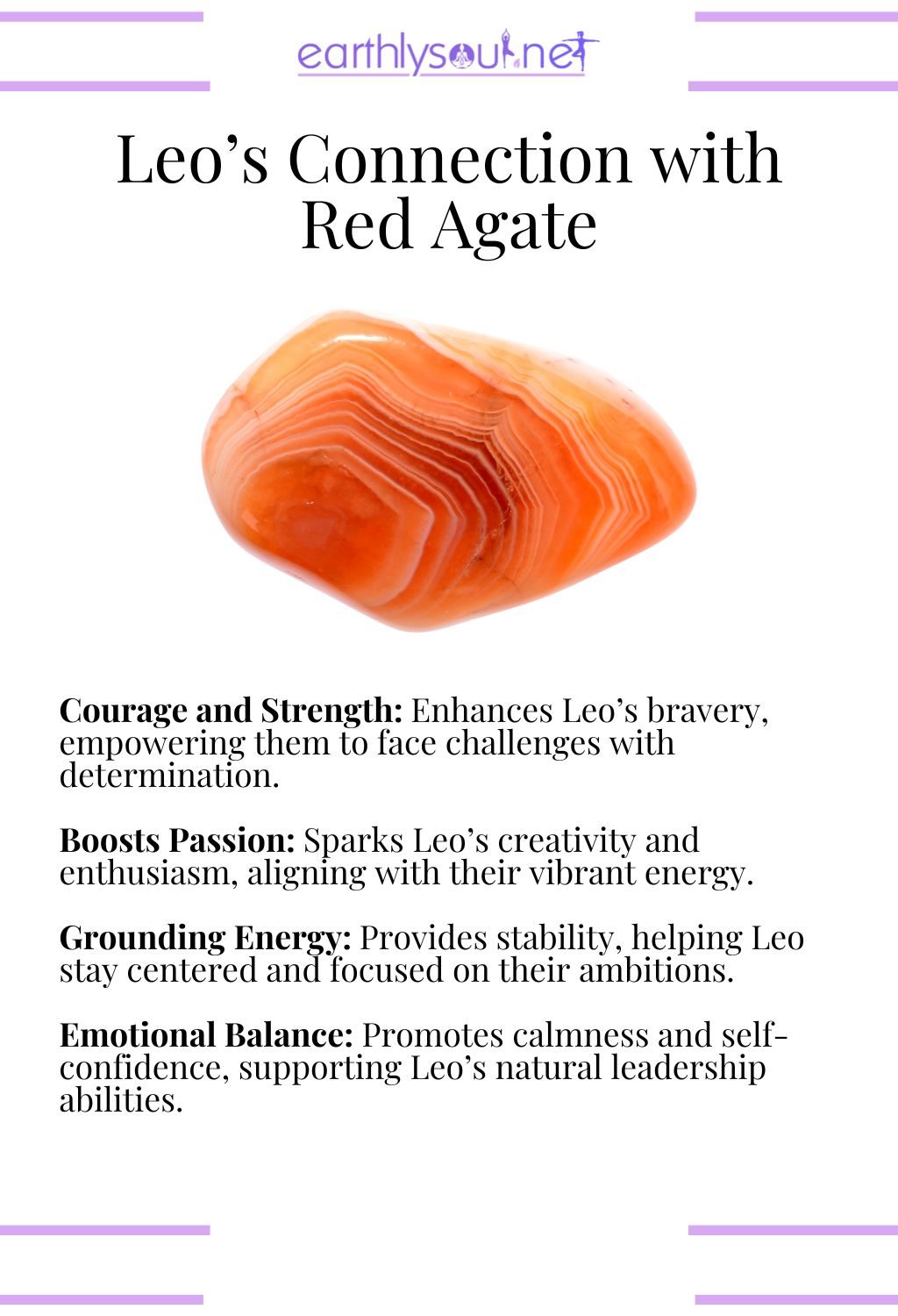 Red agate crystal, boosting courage and grounding energy, ideal for leo zodiac signs.