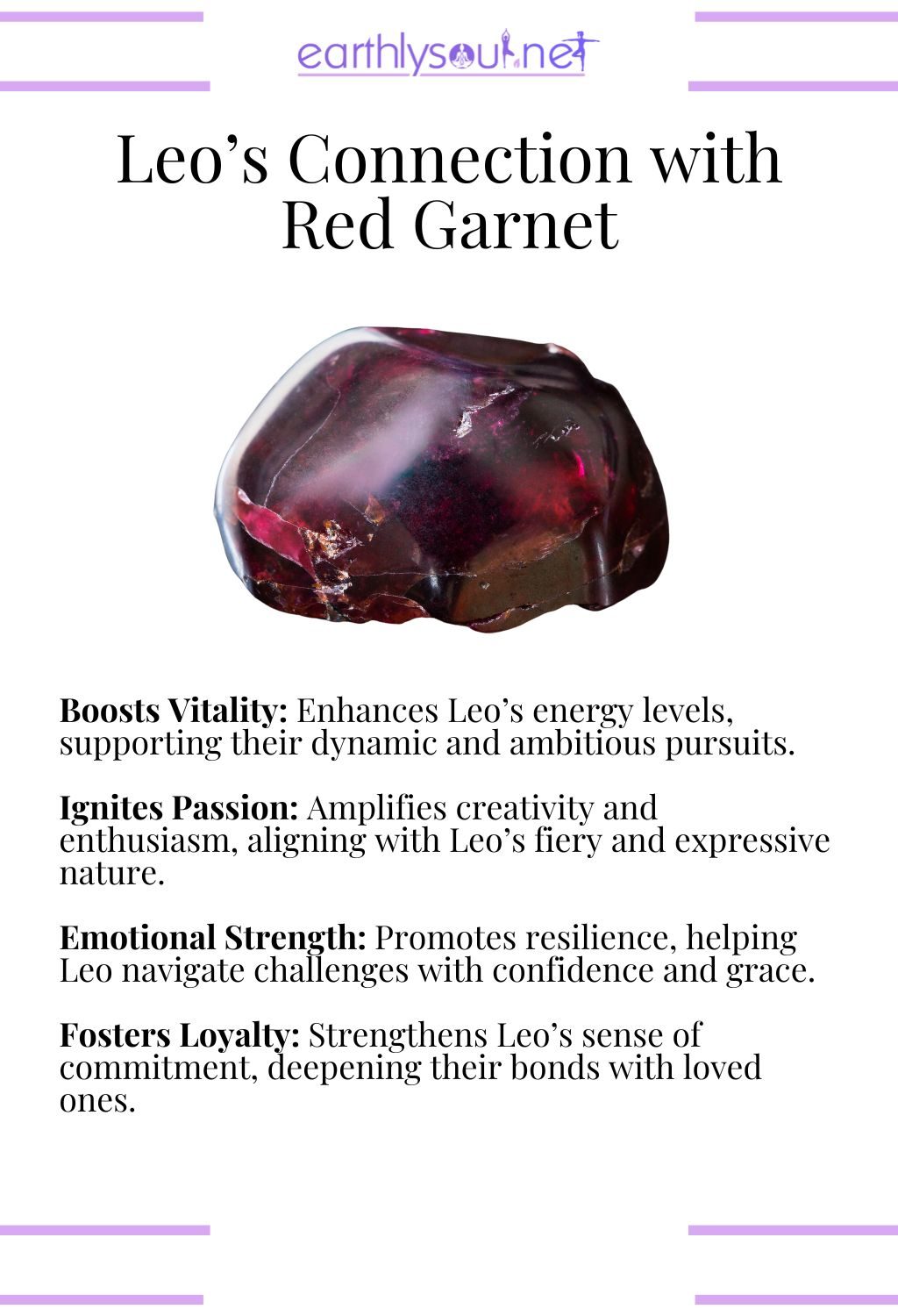 Red garnet crystal, boosting vitality and igniting passion, ideal for leo zodiac signs.